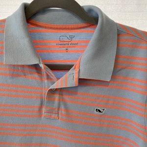 Boys Vineyard Vines polo shirt, light blue with orange stripes